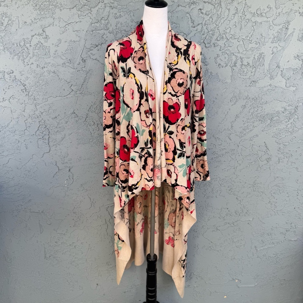 Sparrow Anthropologie Floral Linen Open-Front High Low Hem Duster Cardigan S